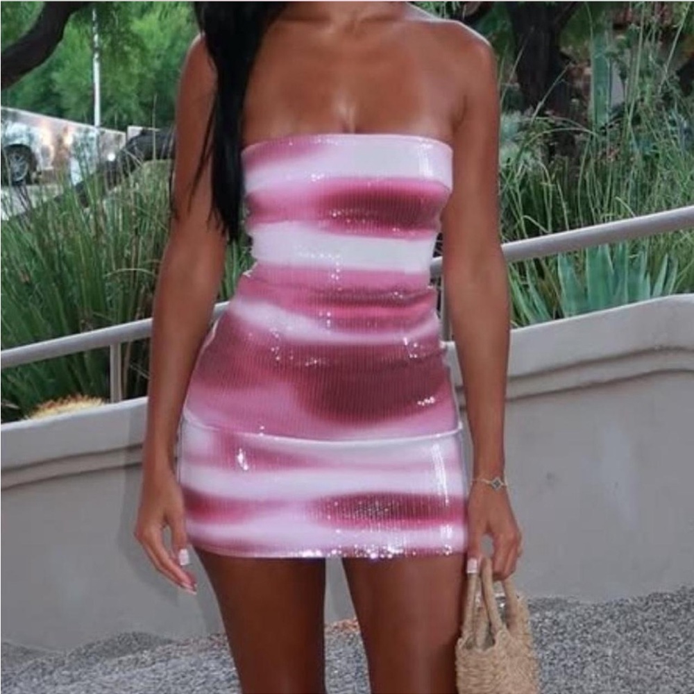 White Fox Boutique Pink and White Mini Dress
